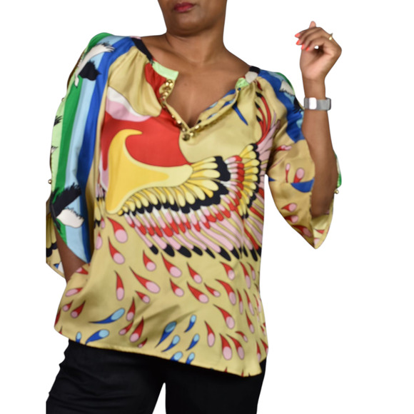 TIBI Silk Print Tunic Yellow Colorful Peacock Jeweled Studs Blue Cutouts Birds 6 - Picture 11 of 16